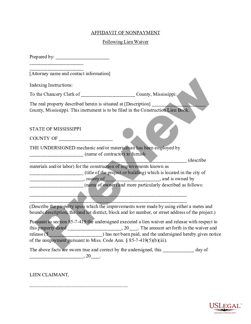 Mississippi Affidavit of Nonpayment by Mechanic or Subcontractor ...