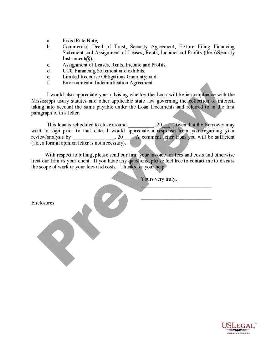 Preview Letter requesting a Legal Opinion Re Loan Documents Review for Closing
