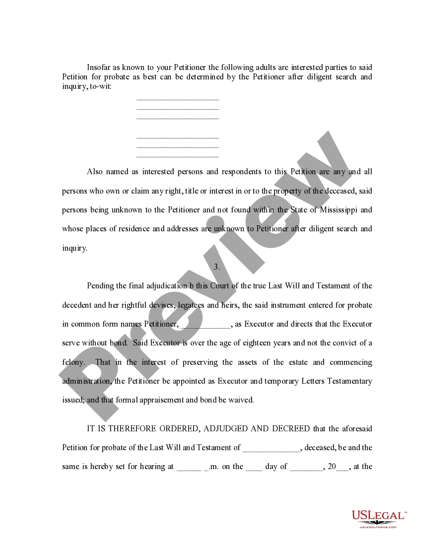 Mississippi Order Granting Hearing and Temporary Letters Testamentary
