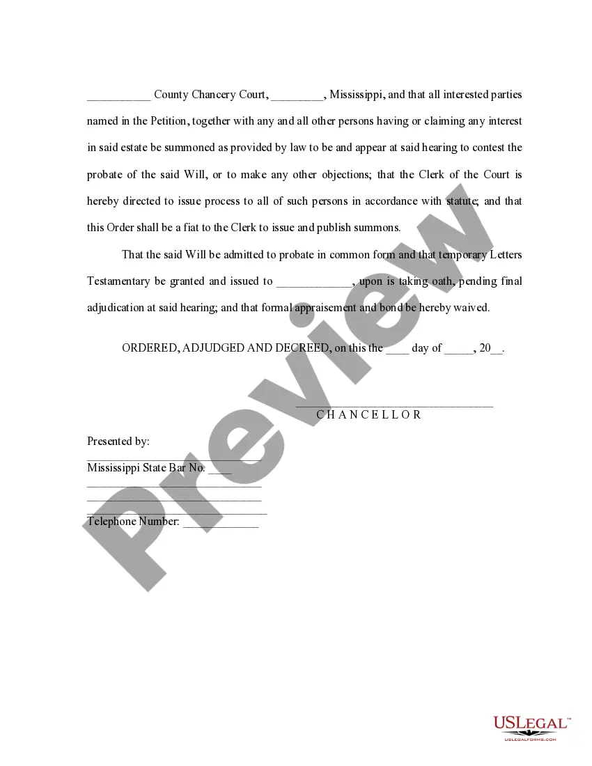 Preview Order Granting Hearing and Temporary Letters Testamentary