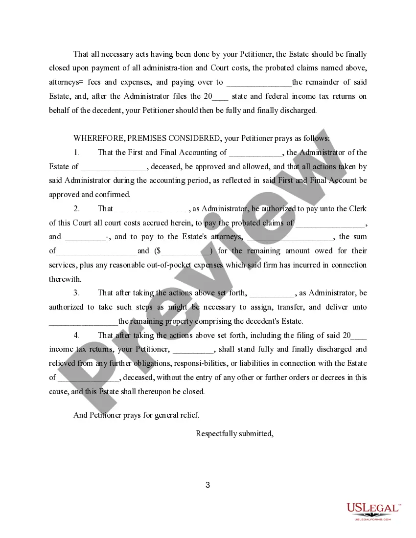 Preview Petition for Approval of Final Accounting and Discharge of Administrators