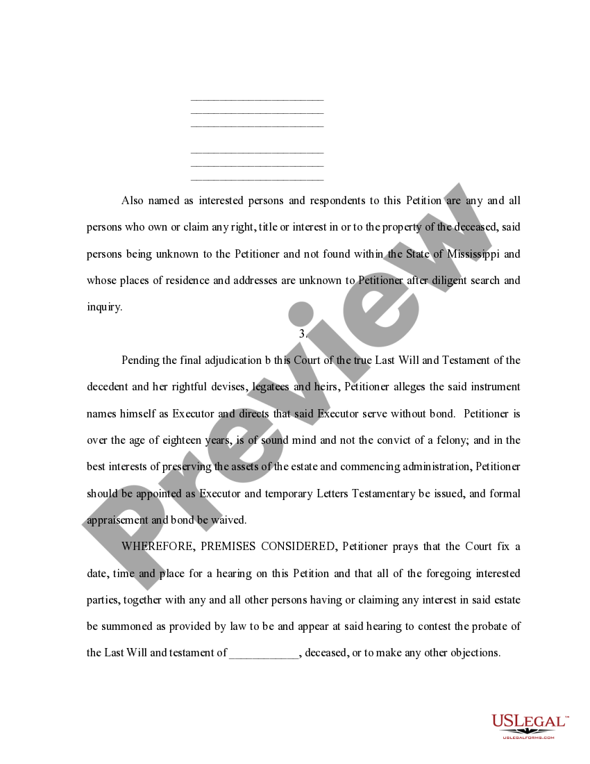 Mississippi Petition To Probate Will in Solemn Form US Legal Forms