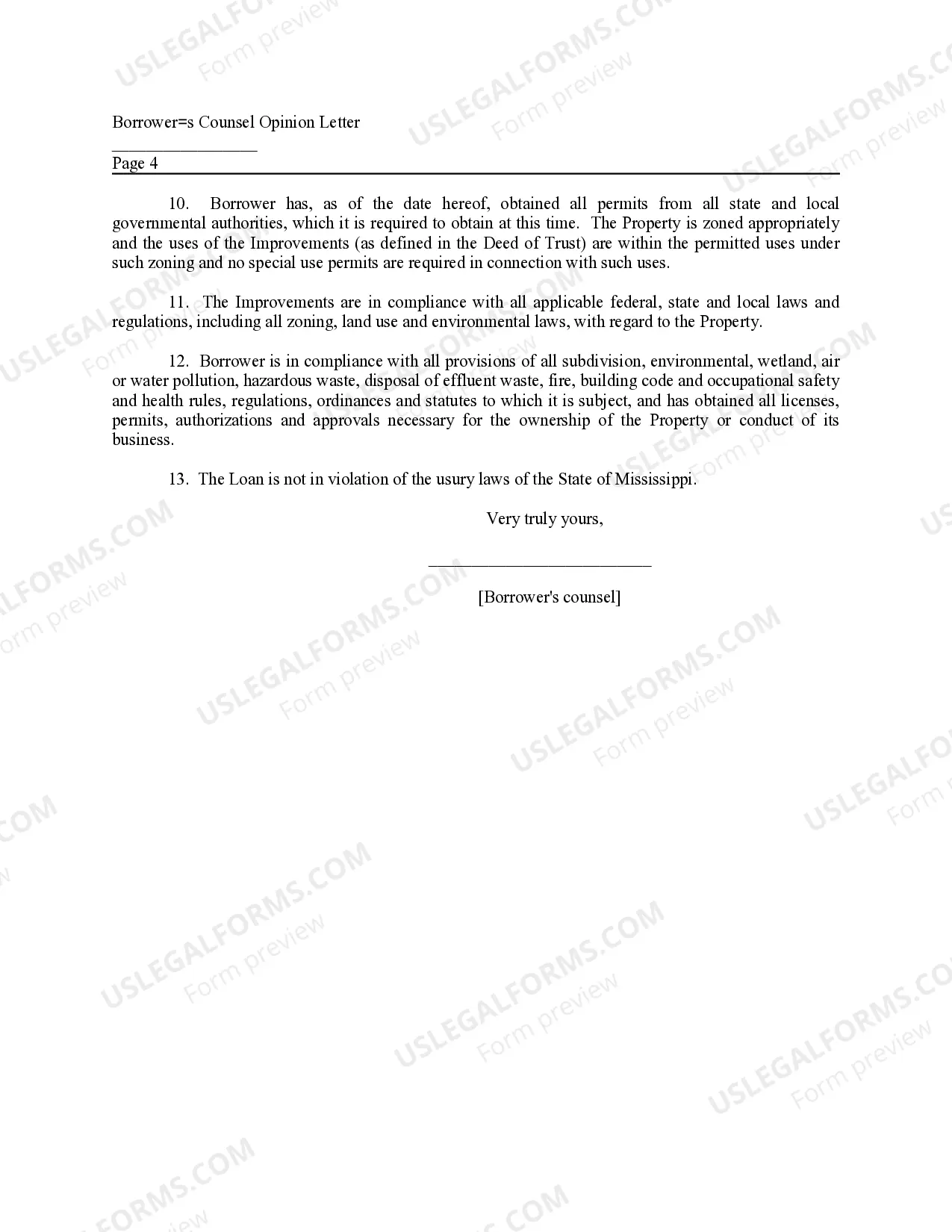 Preview Borrowers Counsel Opinion Letter