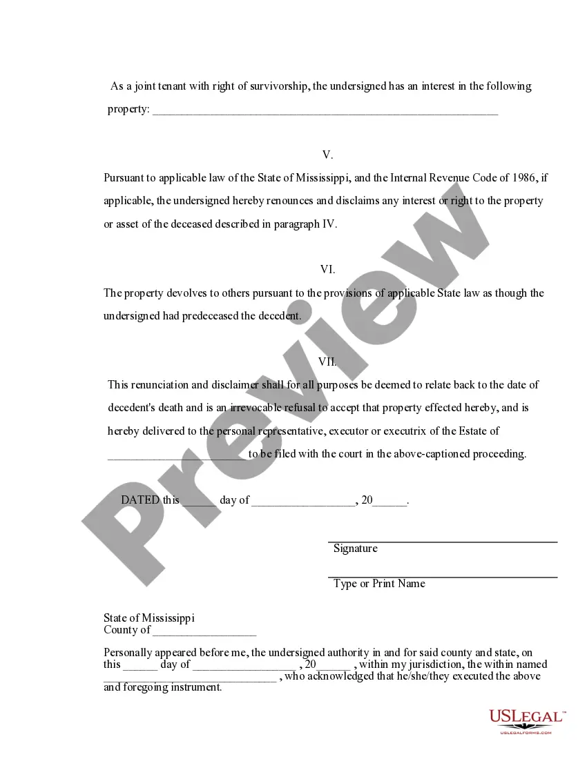 Preview Mississippi Renunciation and Disclaimer of Joint Tenant or Tenancy Interest