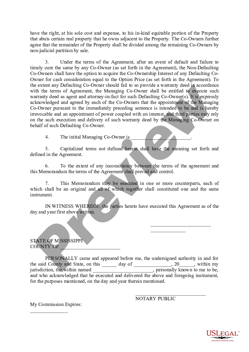 Mississippi Memorandum Of Tenancy In Common Agreement Memorandum Of Tenants In Common 7689