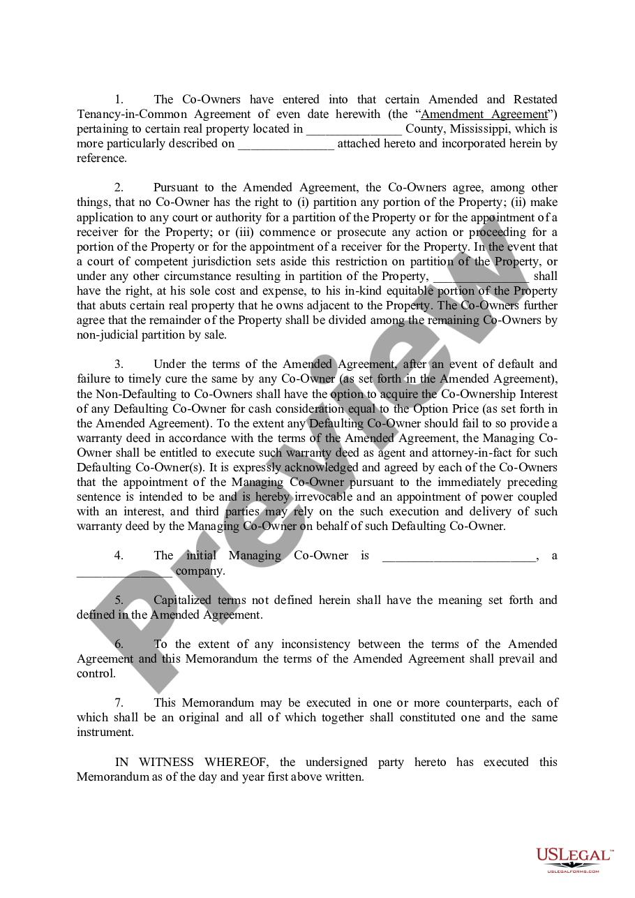 page 1 Memorandum of Amended and Restated Tenancy-In-Common Agreement preview