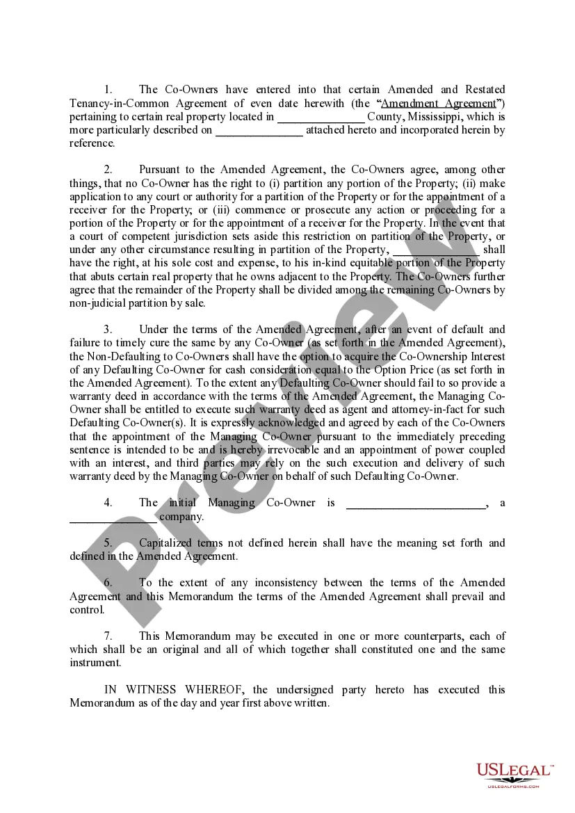 Get Memorandum of Amended and Restated Tenancy-In-Common Agreement Preview Memorandum of Amended and Restated Tenancy-In-Common Agreement