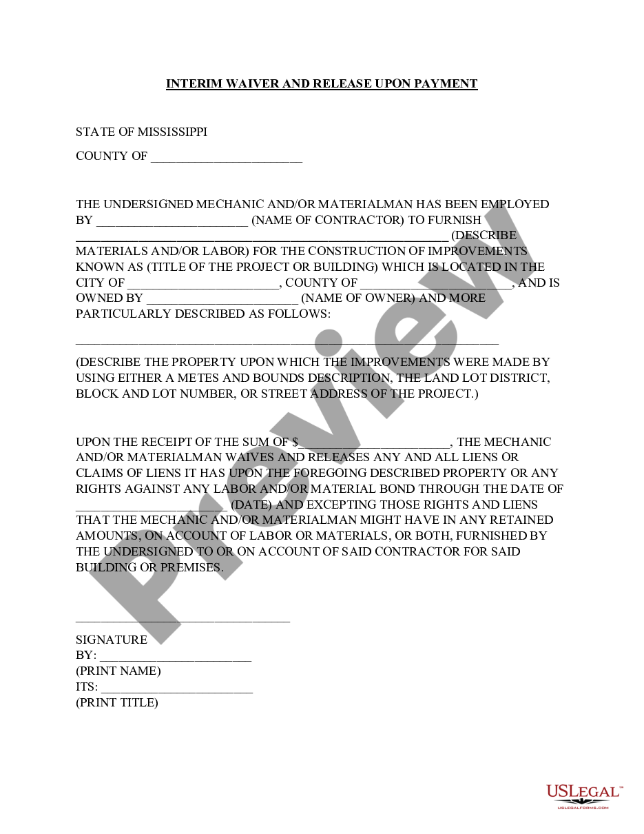Mississippi Interim Waiver And Release Upon Payment Us Legal Forms 8224