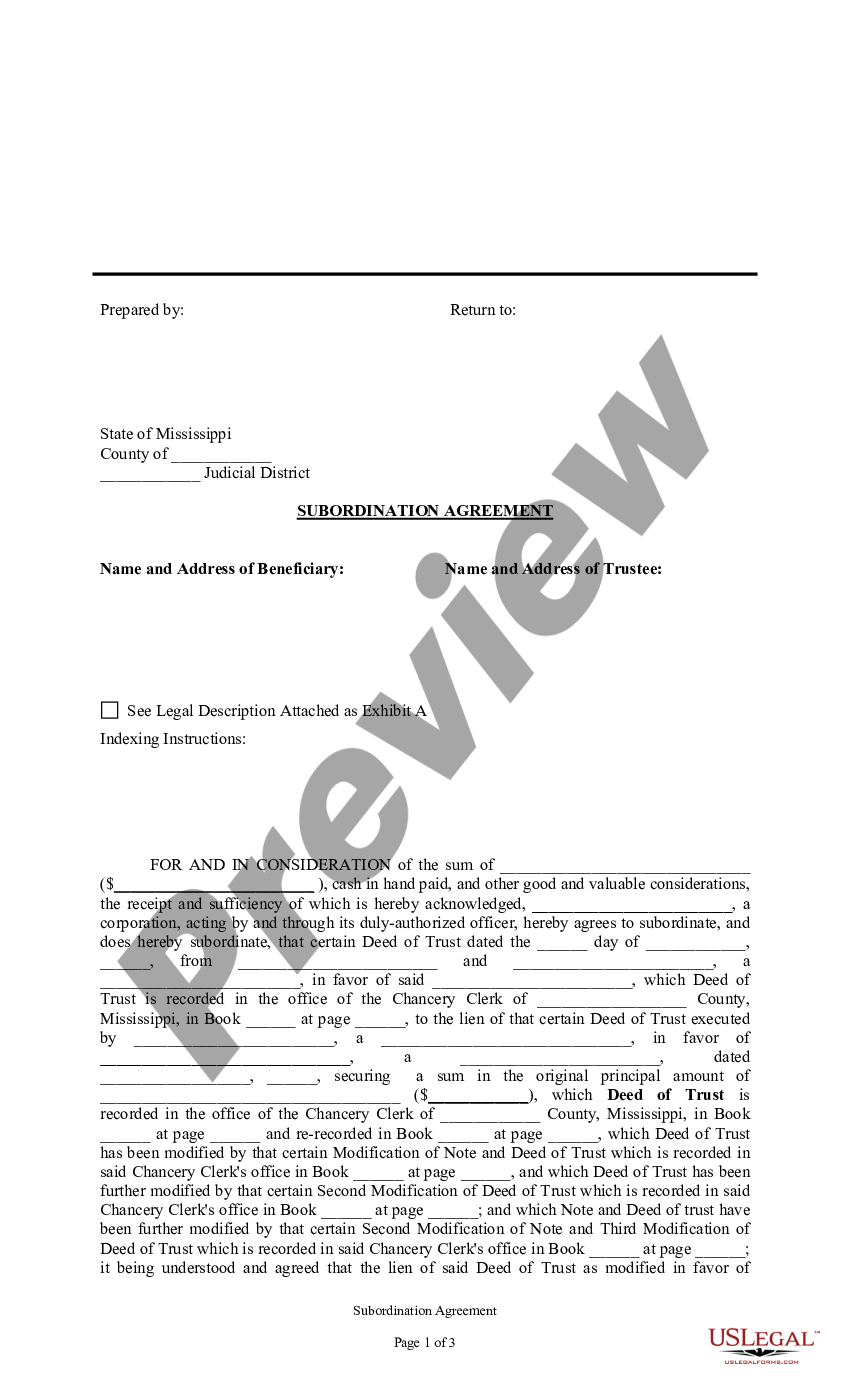 Mississippi Sample Subordination Agreement Re Deed Of Trust Agreement 