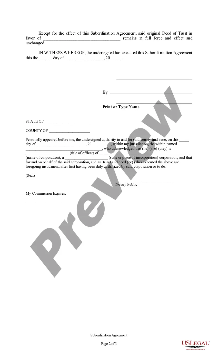 Preview Sample Subordination Agreement Re Deed of Trust