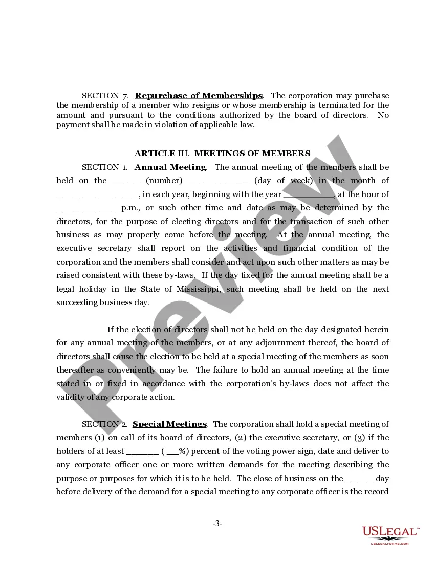 Preview Sample Bylaws for a Mississippi Nonprofit Corporation