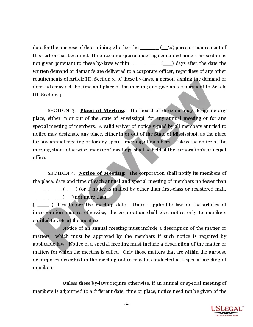 Preview Sample Bylaws for a Mississippi Nonprofit Corporation
