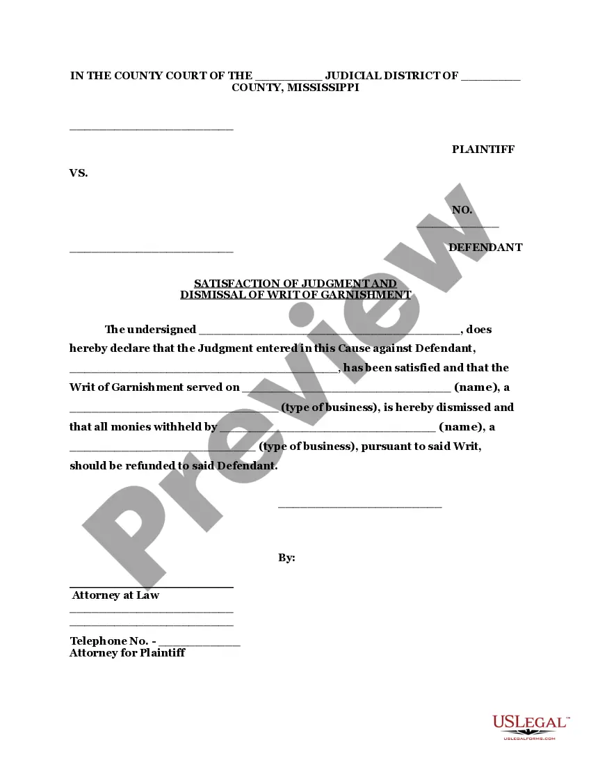 Preview Satisfaction of Judgment and Dismissal of Garnishment