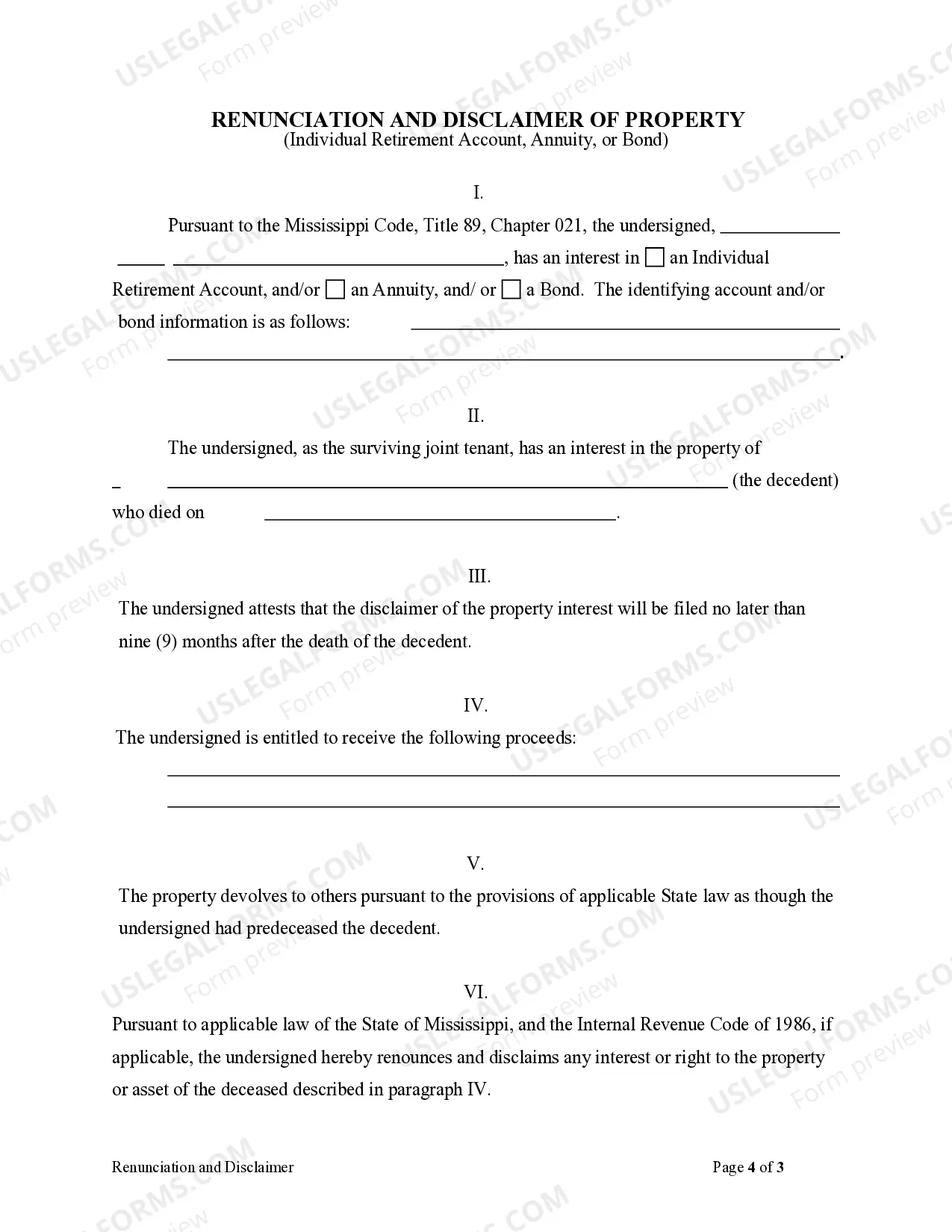 Preview Mississippi Renunciation and Disclaimer of Property - IRA, Annuity or Bond
