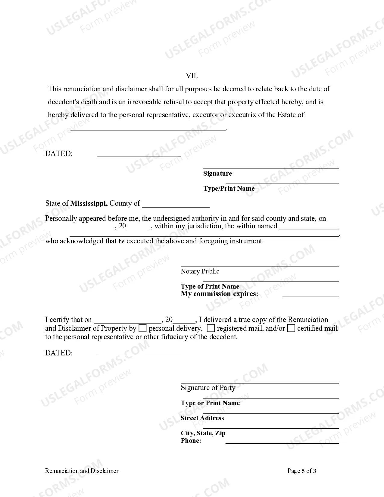 Preview Mississippi Renunciation and Disclaimer of Property - IRA, Annuity or Bond