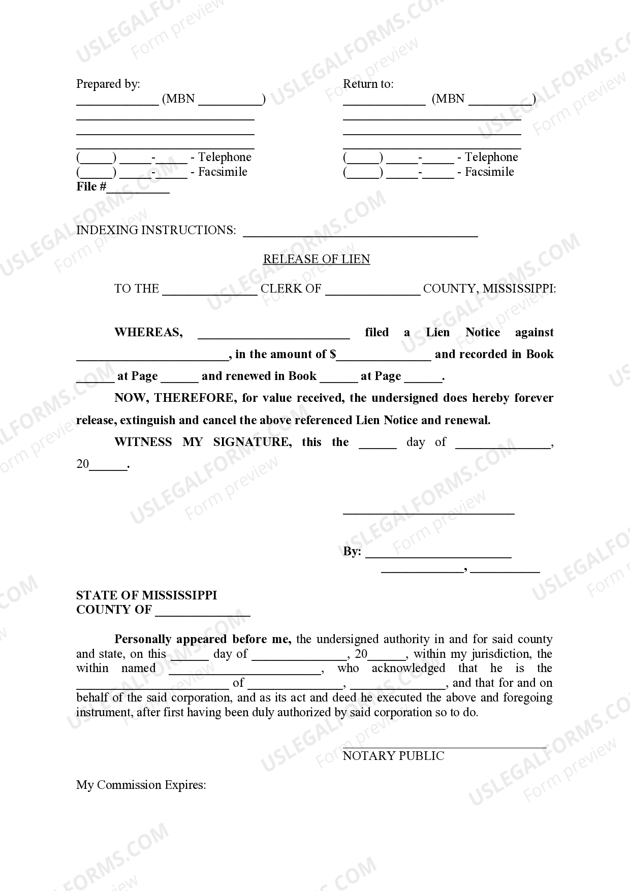 Mississippi Release of Lien Lien Release Form Mississippi US Legal
