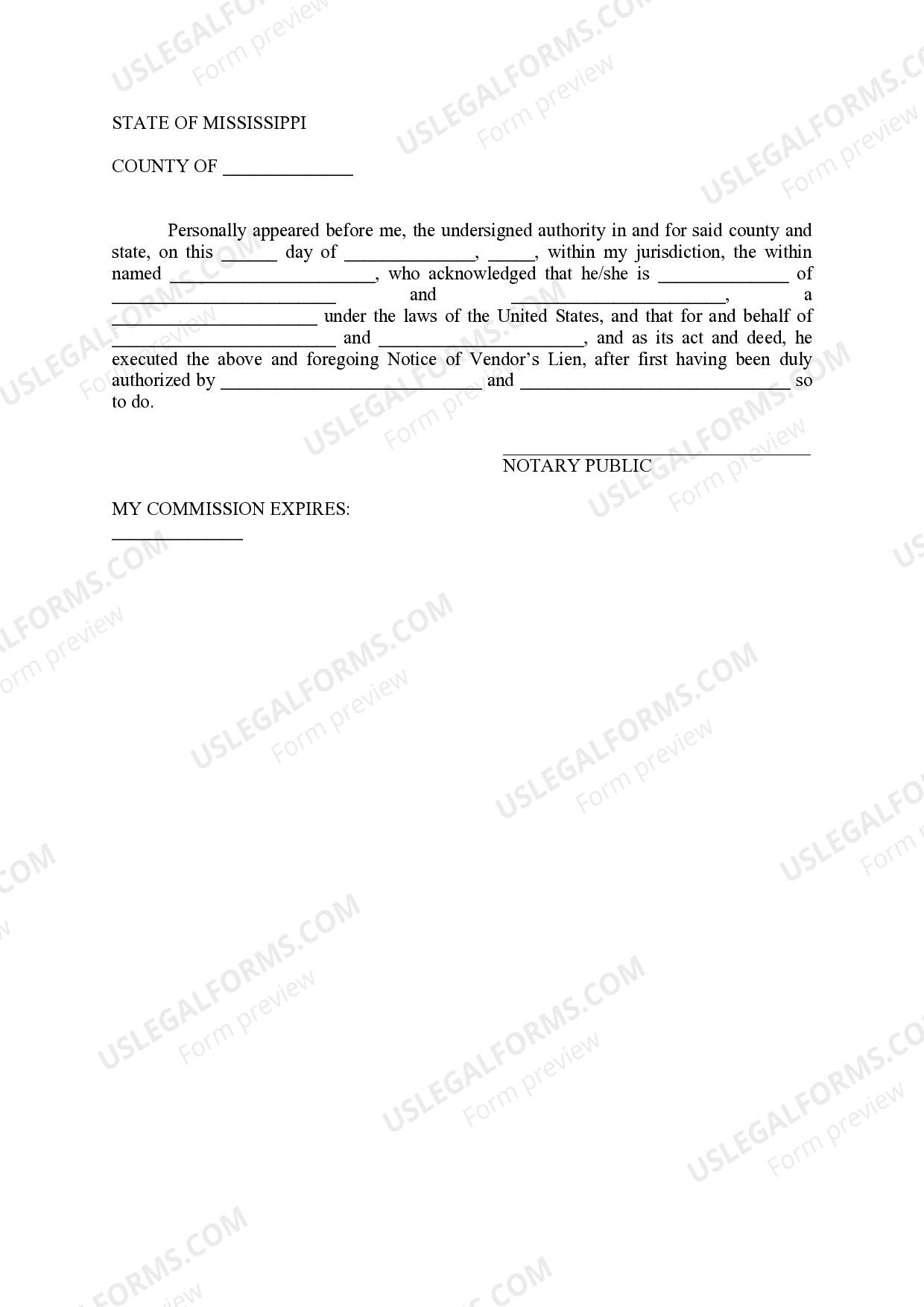 Mississippi Notice of Vendor's Lien Specific Lien US Legal Forms