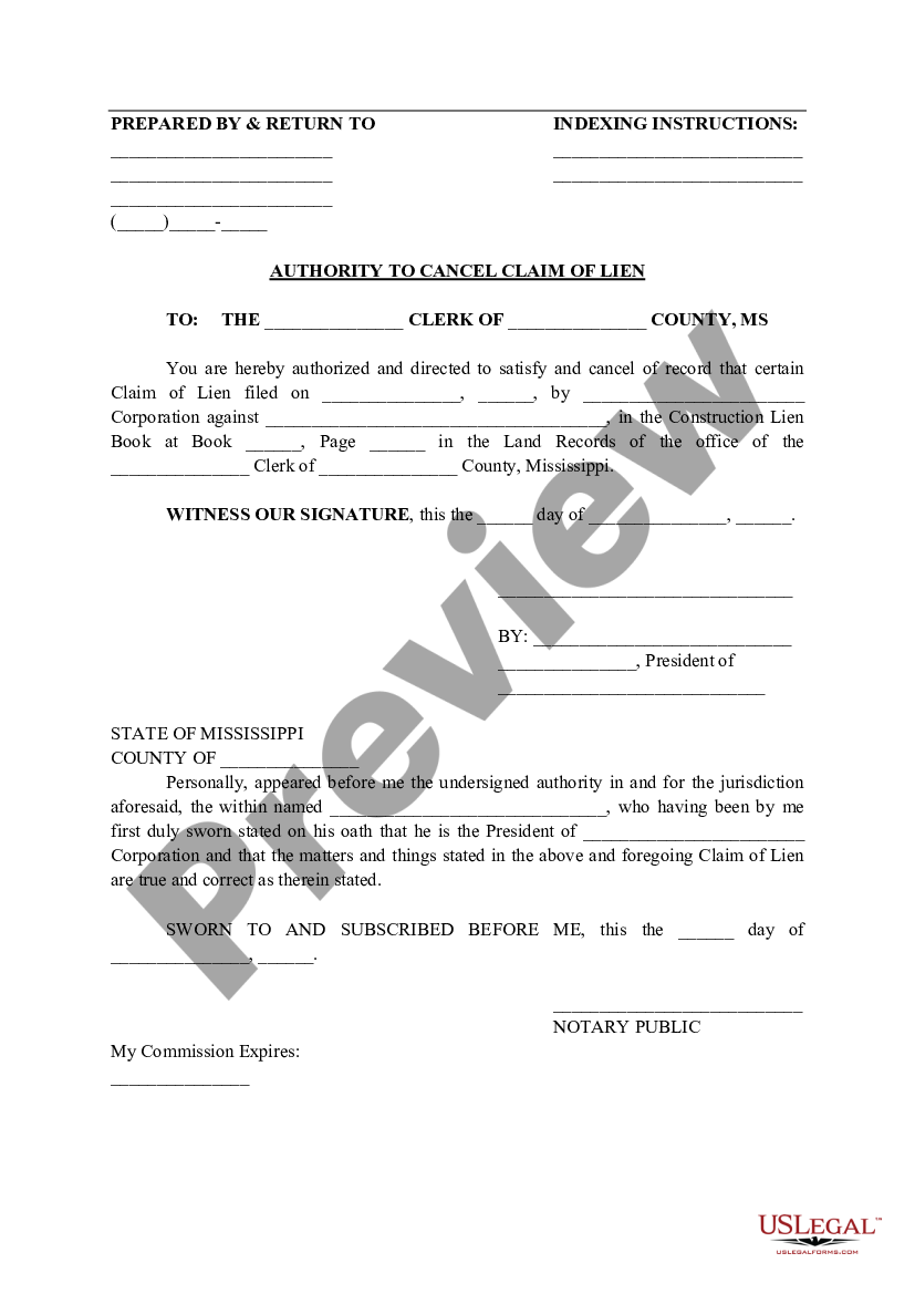 Mississippi Authority To Cancel Claim Of Lien Cancel Lien Us Legal Forms 3955