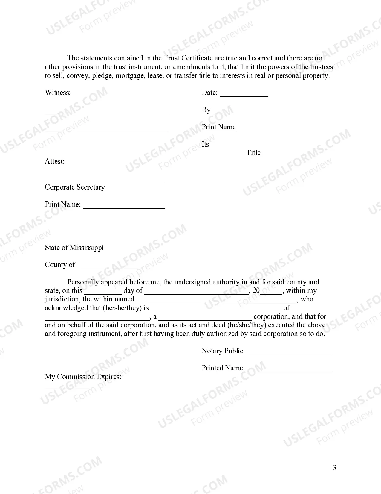 Preview Mississippi Certificate of Trust by Corporation