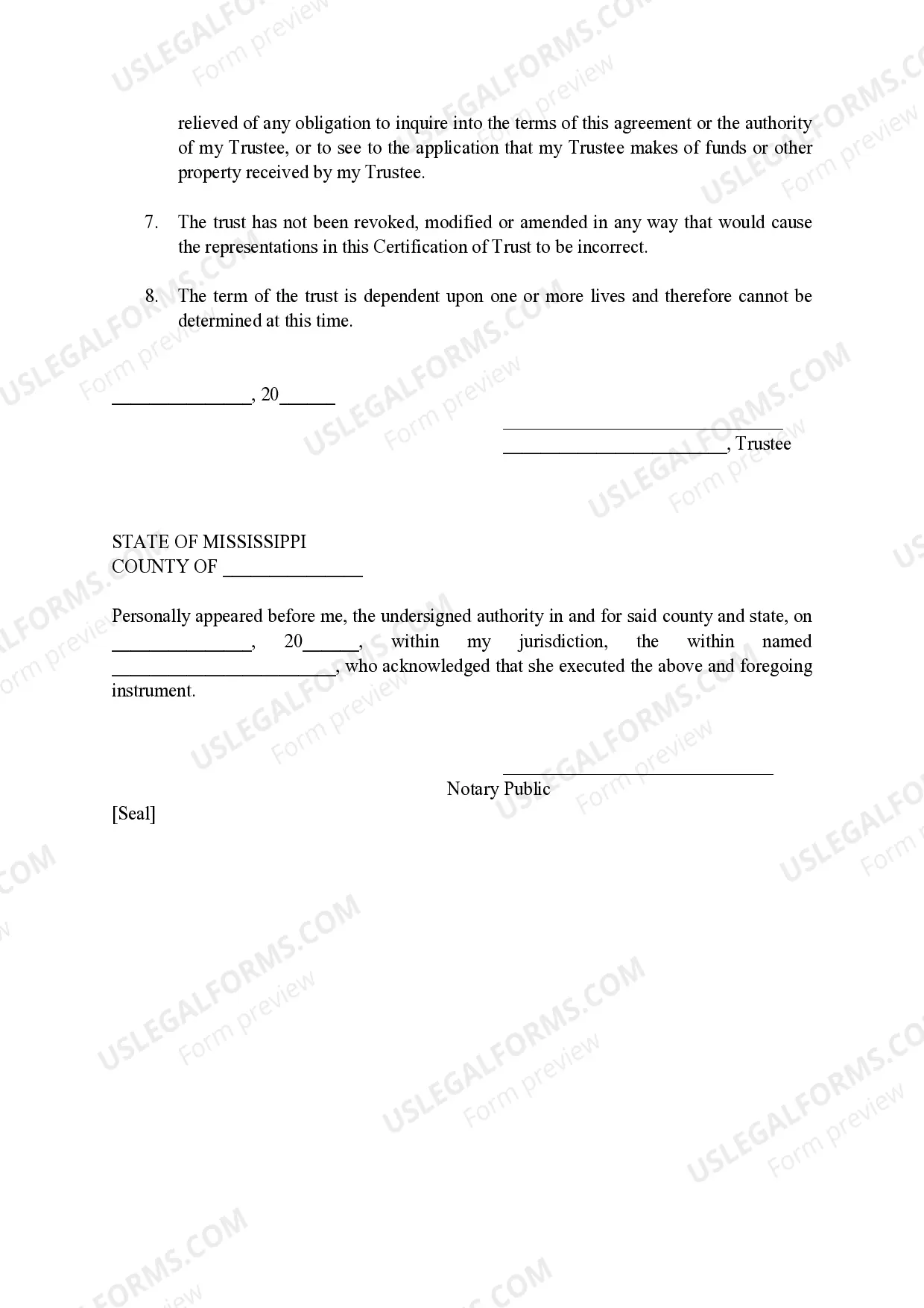 Preview Mississippi Certificate of Trust by Individual