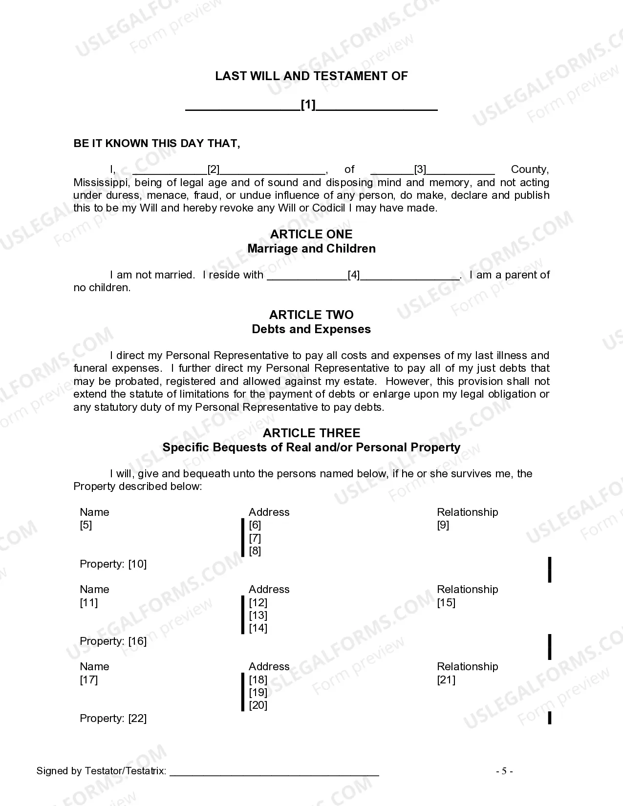 Preview Mutual Wills containing Last Will and Testaments for Man and Woman living together not Married with No Children