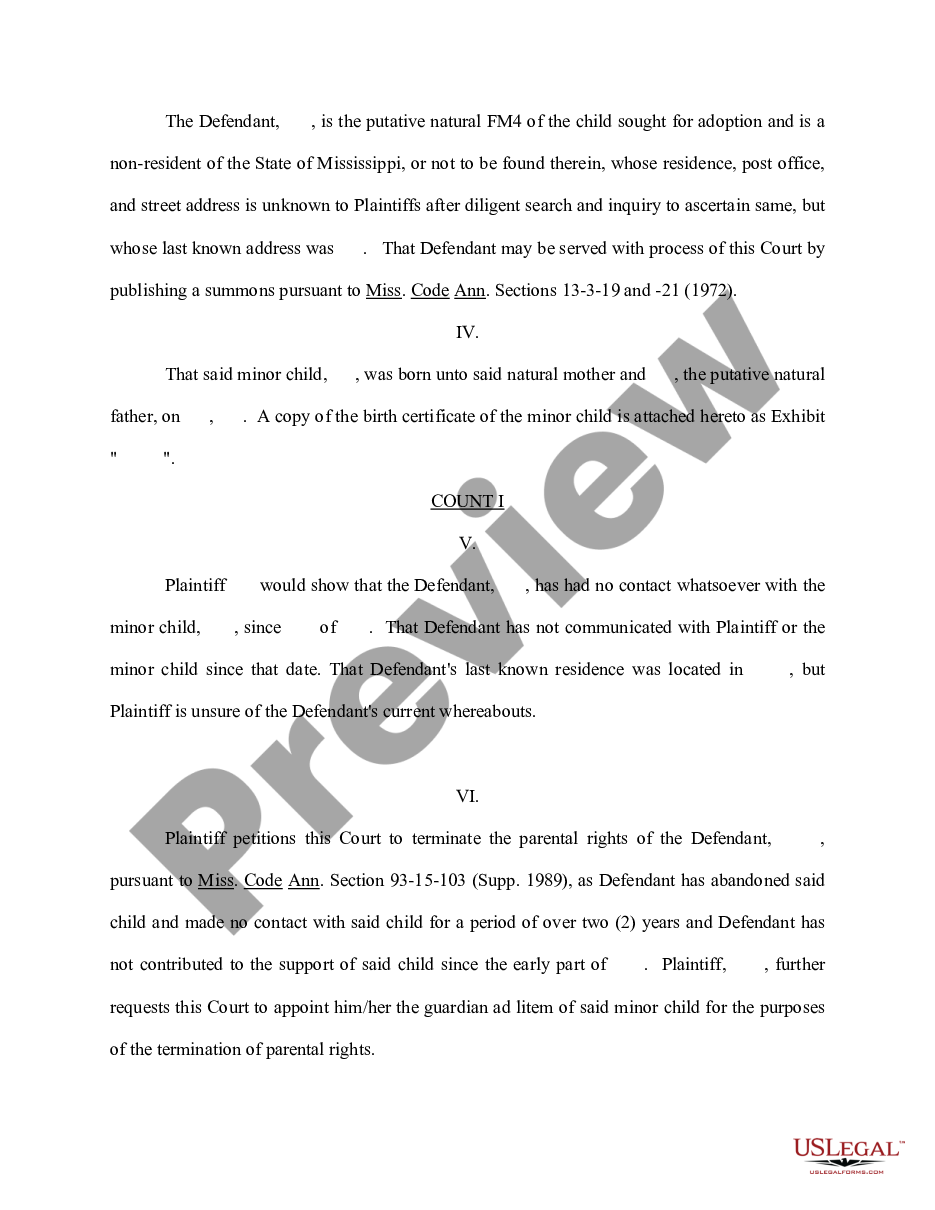 page 1 Complaint to Terminate Parental Rights and for Adoption of Minor Child preview