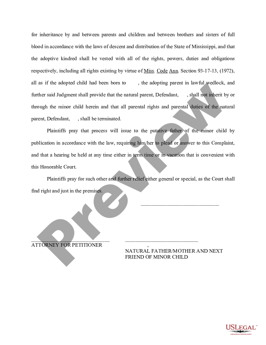 form Complaint to Terminate Parental Rights and for Adoption of Minor Child preview