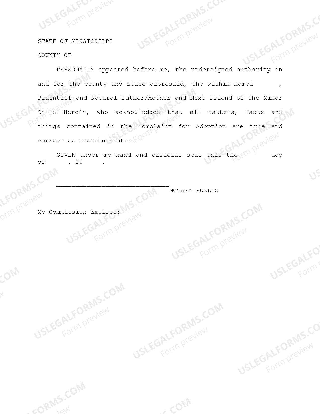 Mississippi Complaint to Terminate Parental Rights and for Adoption of