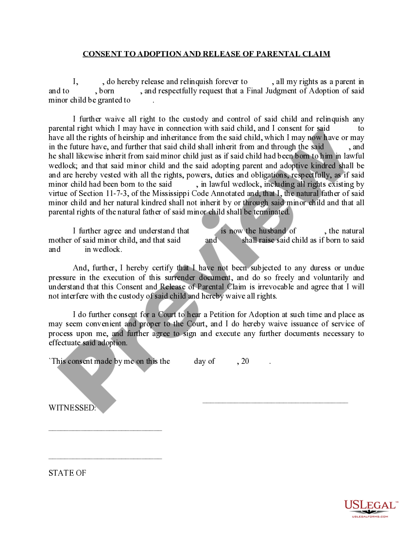 Mississippi Consent to Adopt and Release of Parental Claim