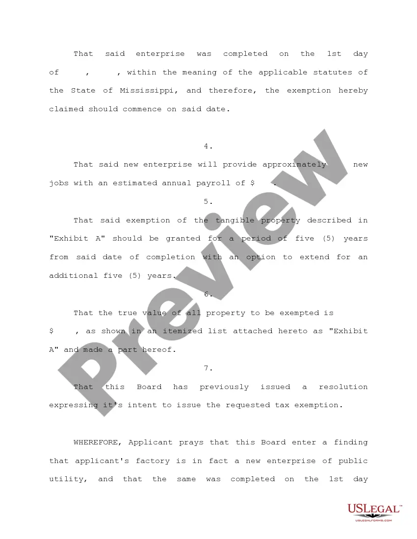 Preview Application for Exemption from Ad Valorem Taxes for Period of 5 Years with 5 Year Option