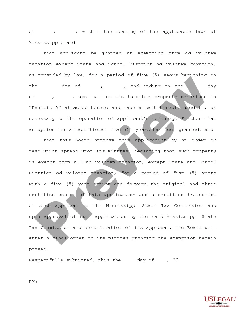 Preview Application for Exemption from Ad Valorem Taxes for Period of 5 Years with 5 Year Option