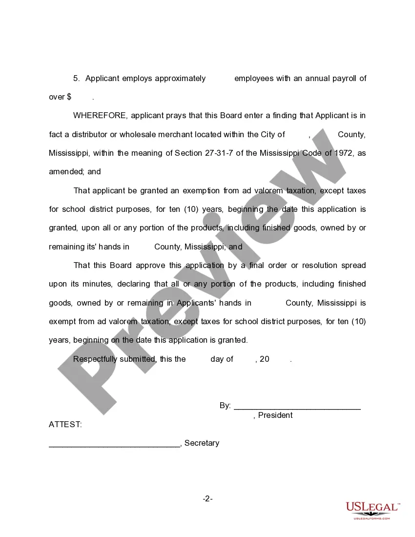 Get Application for Exemption from Ad Valorem Taxes for Certain Manufactured Products Held for Sale or Shipment to Other than Final Consumer for a Period of 10 Years Preview Application for Exemption from Ad Valorem Taxes for Certain Manufactured Products Held for Sale or Shipment to Other than Final Consumer for a Period of 10 Years