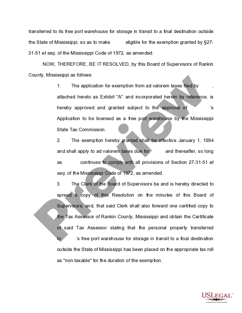 Preview Resolution of the Board of Supervisors Granting Exemption from Ad Valorem Taxes