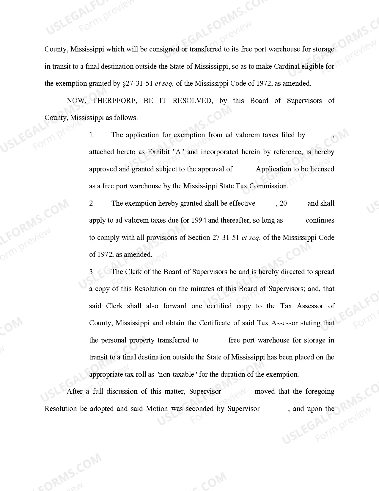 Preview Resolution Granting Exemption from AV Taxes - 27-31-51