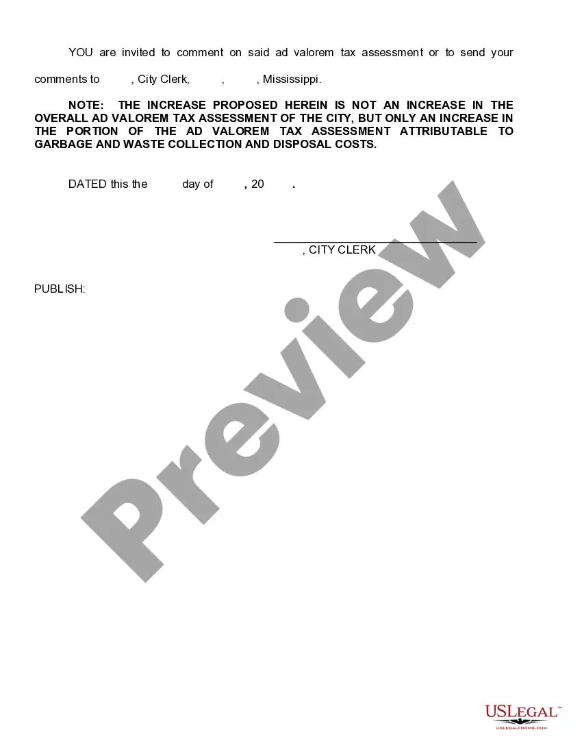 Preview Notice of Intent to Increase Ad Valorem Tax Assessment for Waste and Garbage Collection and Disposal
