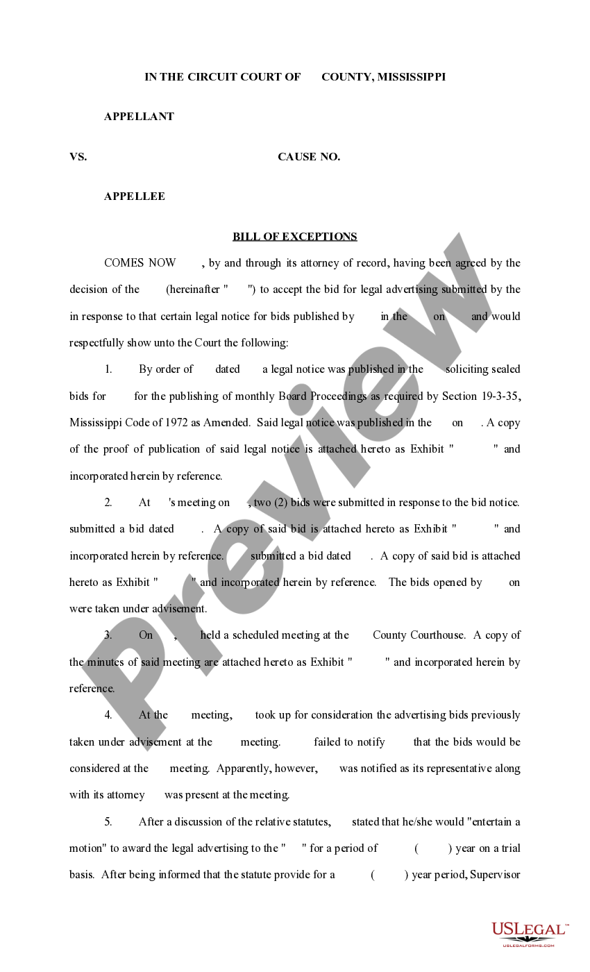Mississippi Bill of Exceptions regarding Bid Award - Mississippi ...