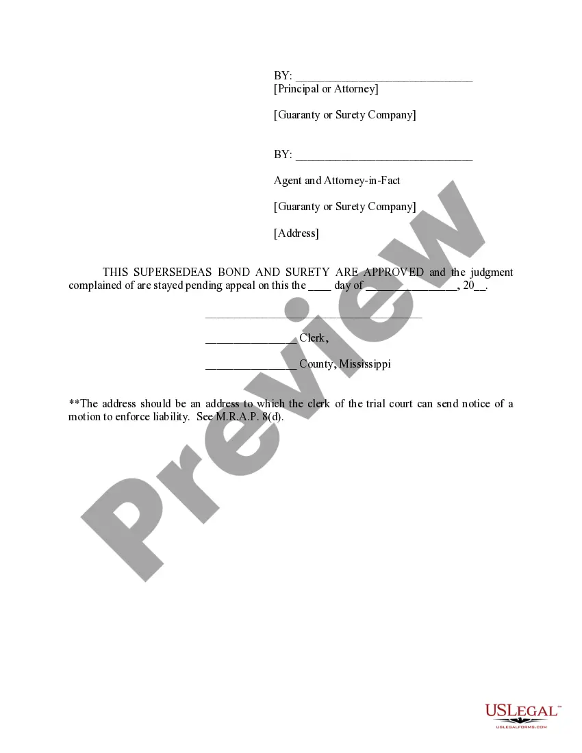 Get Appeal Bond to Supreme Court of Mississippi with Supersedeas Preview Appeal Bond to Supreme Court of Mississippi with Supersedeas