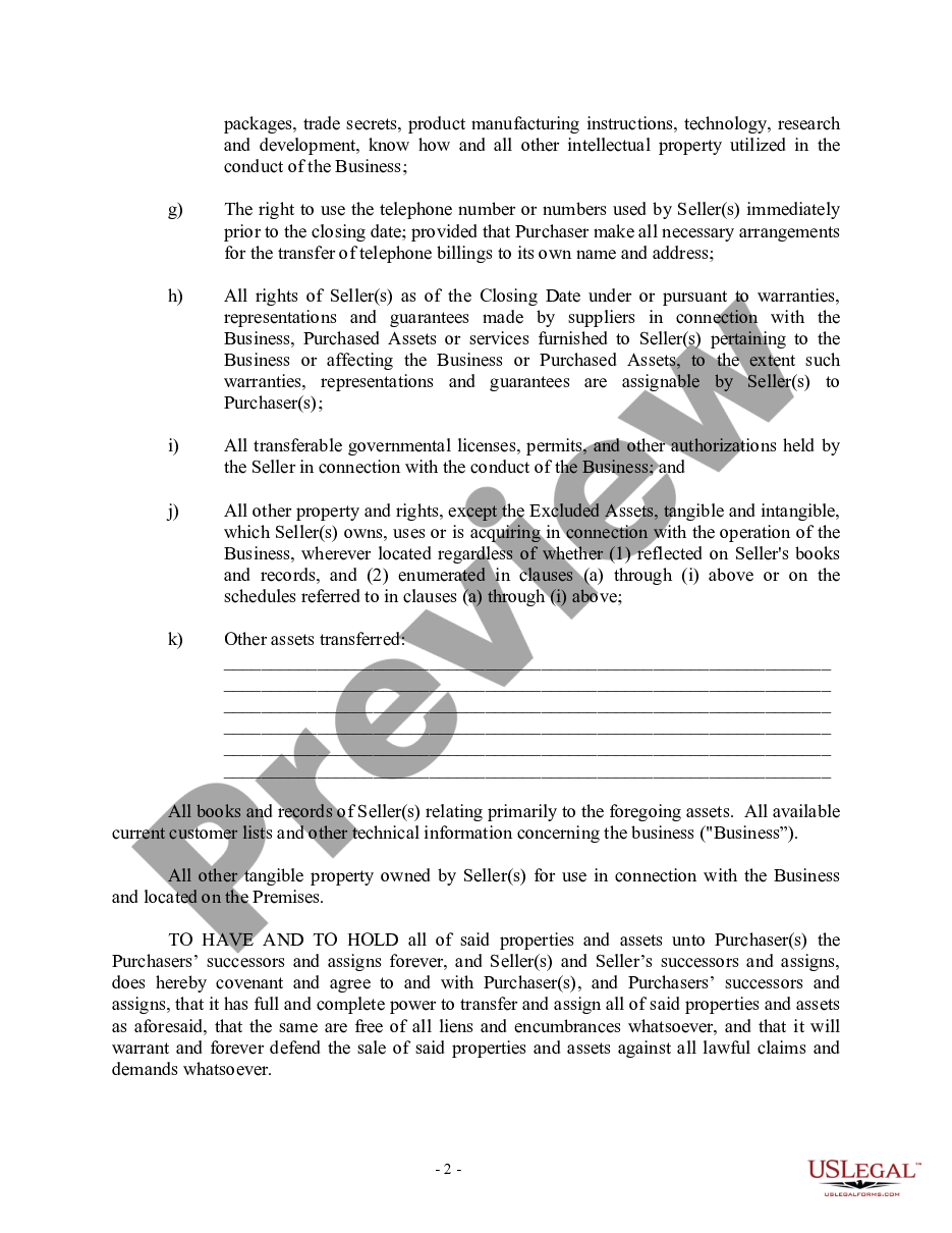 page 1 Bill of Sale in Connection with Sale of Business by Individual or Corporate Seller preview