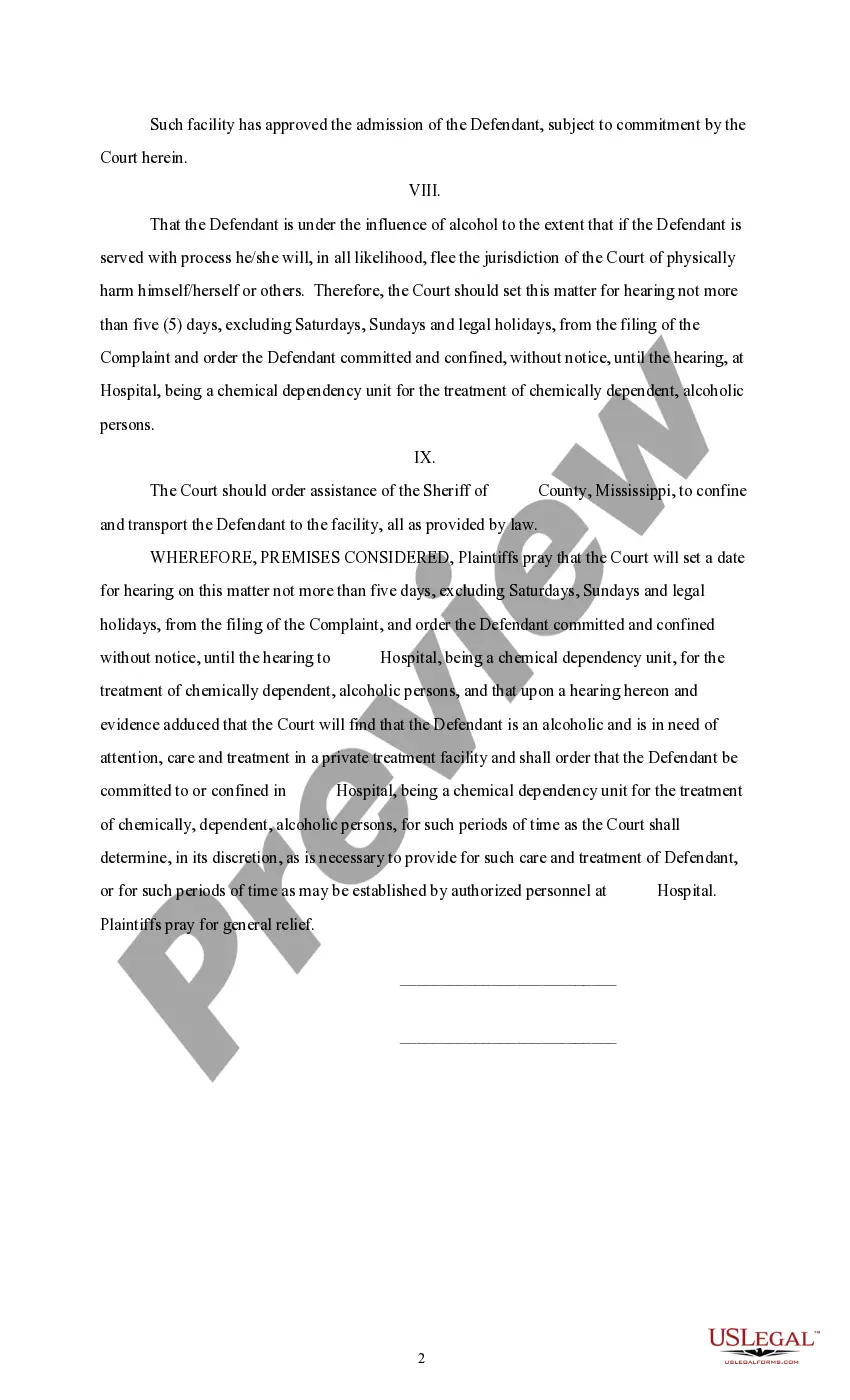 Preview Complaint for Judgment of Committal to Hospital