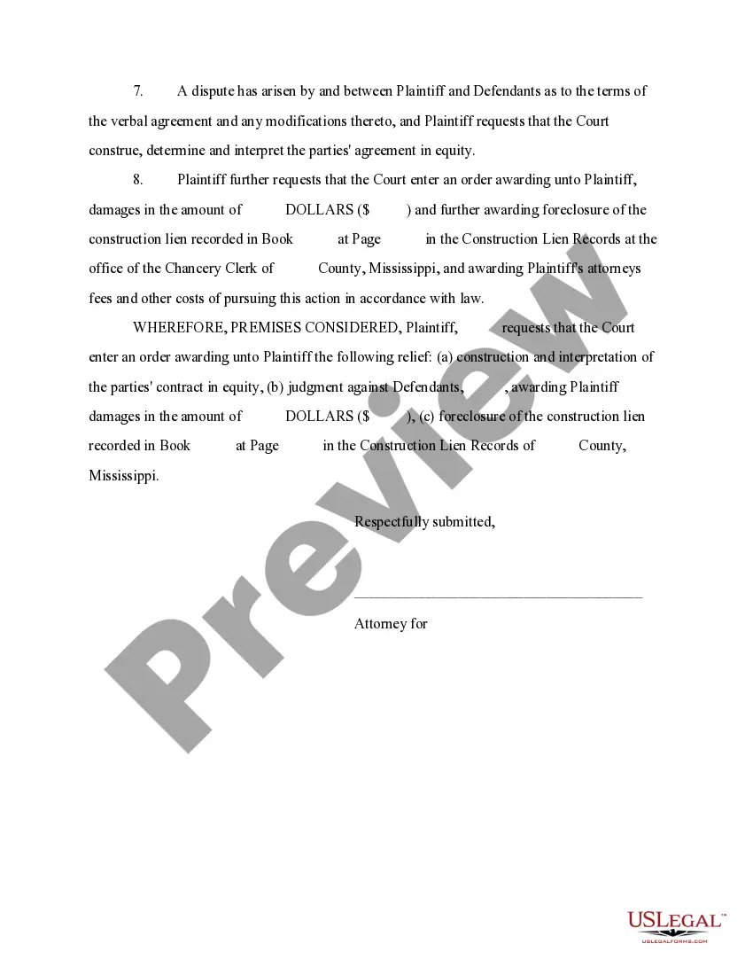 Preview Complaint by Contractor for Amount Due