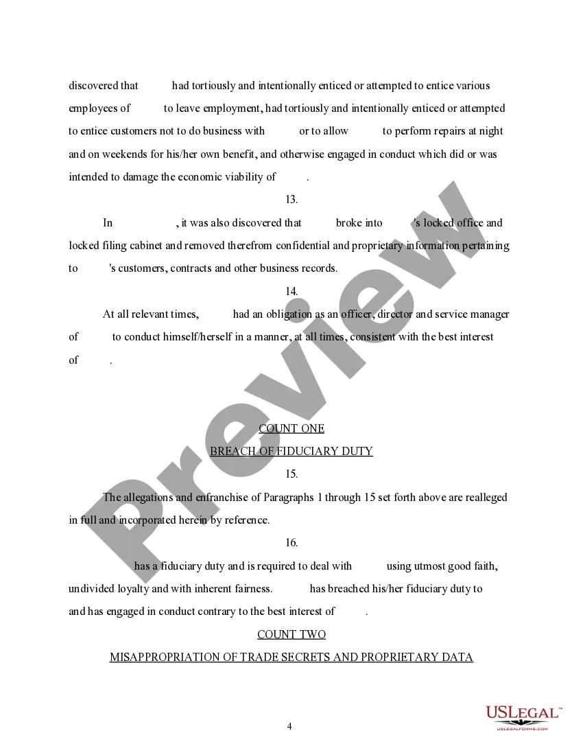 Preview Complaint for Breach of Fiduciary Duty - corporation vs individual employee