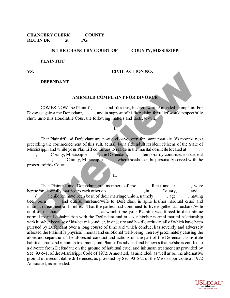 page 0 Amended Complaint for Divorce preview