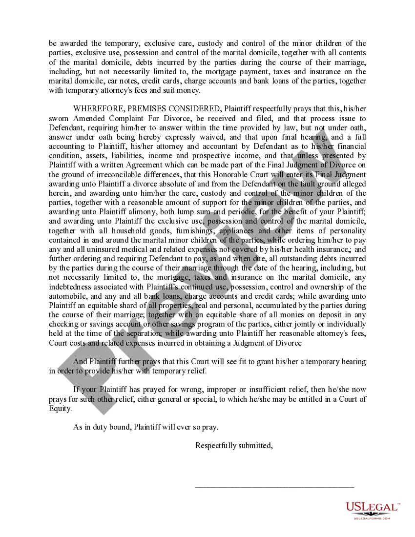 Preview Amended Complaint for Divorce
