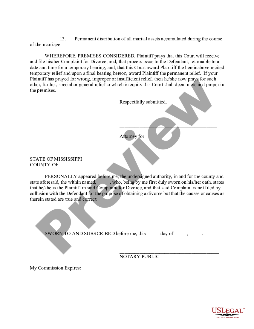 Mississippi Complaint For Divorce Mississippi Complaint For Divorce Form Us Legal Forms 1400