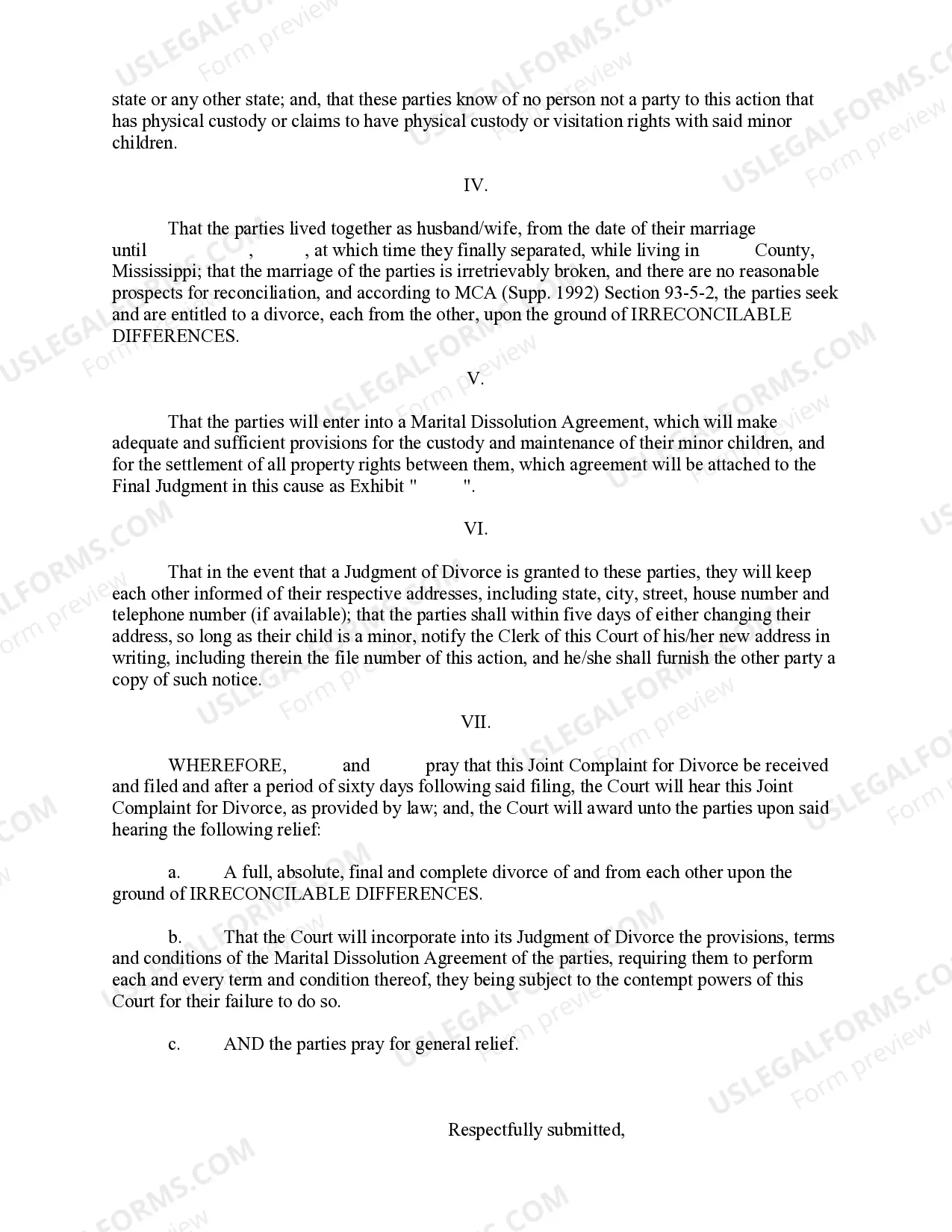 Preview Joint Complaint for Divorce - Irreconcilable Differences