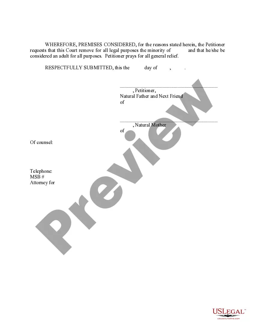 Get Petition for Removal of Minority - Emancipation Preview Petition for Removal of Minority - Emancipation