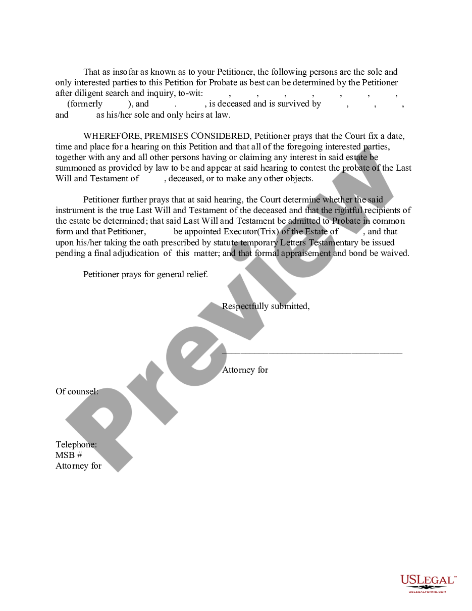 page 1 Petition to Probate Will in Solemn Form and Appoint Executrix preview