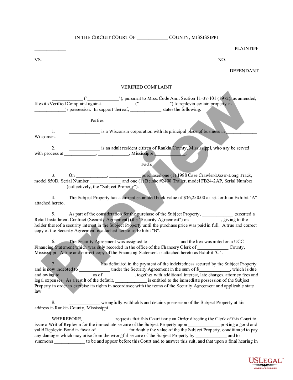 page 0 Complaint for Replevin or Repossession of Dozer preview