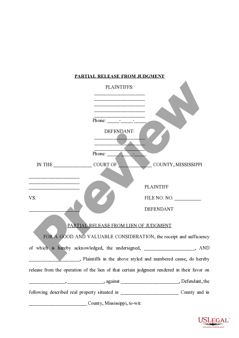 Mississippi Partial Release from Judgment Lien Mississippi Release