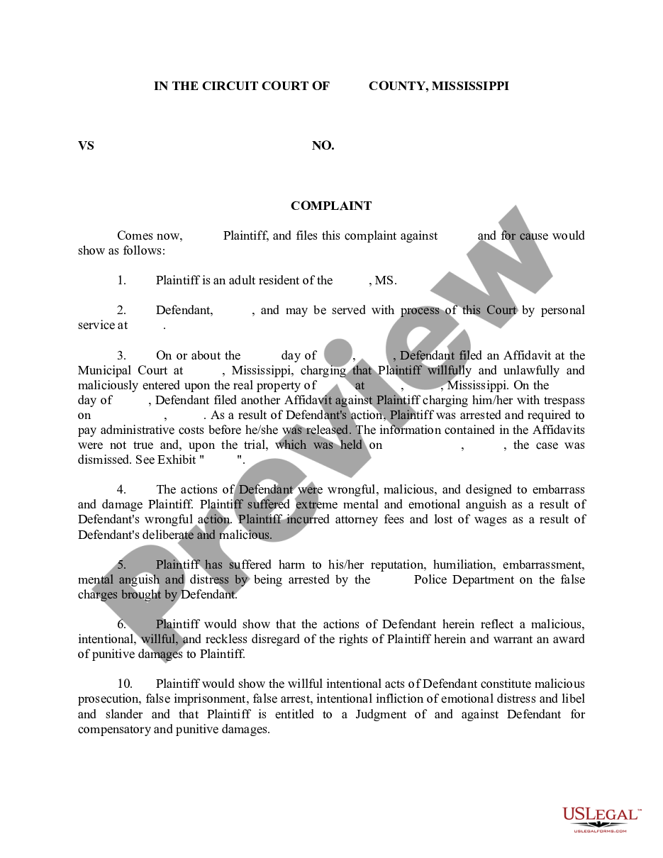 page 0 Complaint for Malicious Prosecution, False Imprisonment, Abuse of Process preview